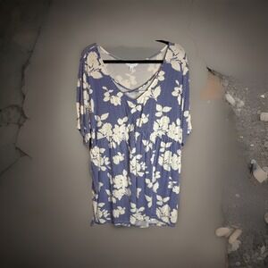 Boutique+ Womens Stretch 3X Blue White Floral Striped Peplum Blouse